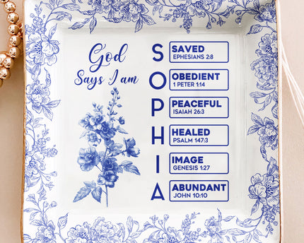 God Says I Am Name Letter In Bible Toile De Jouy Style - Personalized Jewelry Dish