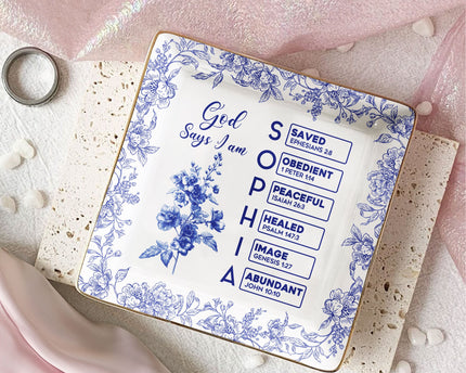 God Says I Am Name Letter In Bible Toile De Jouy Style - Personalized Jewelry Dish