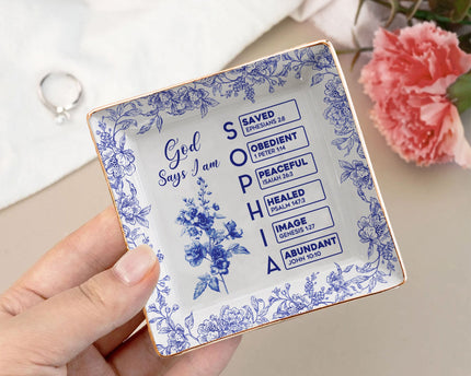 God Says I Am Name Letter In Bible Toile De Jouy Style - Personalized Jewelry Dish