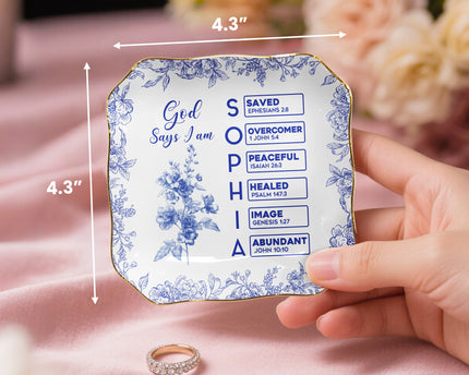 God Says I Am Name Letter In Bible Toile De Jouy Style - Personalized Jewelry Dish
