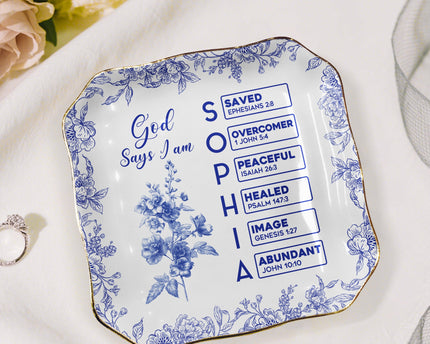 God Says I Am Name Letter In Bible Toile De Jouy Style - Personalized Jewelry Dish