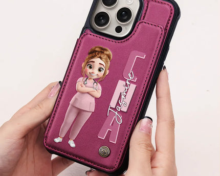Job Title 3D Effect Nurse - Personalized Leather Flip Wallet Phone Case