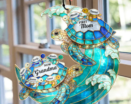 First Mom Now Grandma Stained Glass Turtle - Personalized Window Hanging Suncatcher Ornament