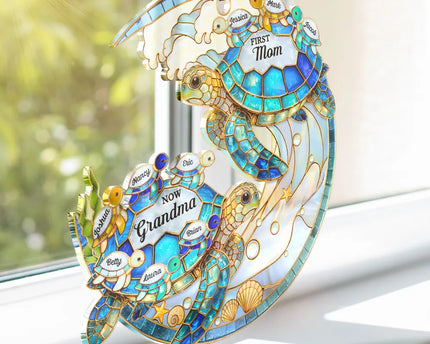 First Mom Now Grandma Stained Glass Turtle - Personalized Window Hanging Suncatcher Ornament