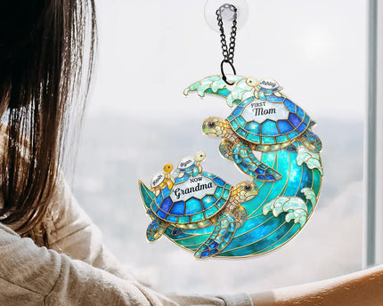 First Mom Now Grandma Stained Glass Turtle - Personalized Window Hanging Suncatcher Ornament