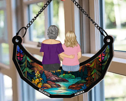 Grandma Mom And Children Sitting On The Moon - Personalized Window Hanging Suncatcher Ornament