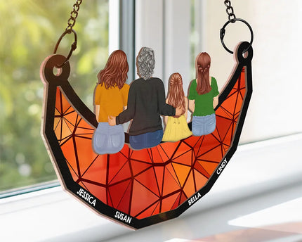 Grandma Mom And Children Sitting On The Moon - Personalized Window Hanging Suncatcher Ornament