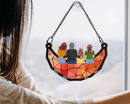 Grandma Mom And Children Sitting On The Moon - Personalized Window Hanging Suncatcher Ornament