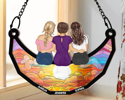 Grandma Mom And Children Sitting On The Moon - Personalized Window Hanging Suncatcher Ornament