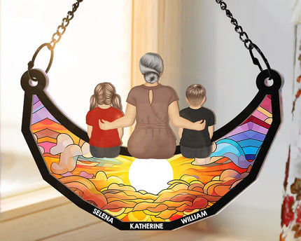 Grandma Mom And Children Sitting On The Moon - Personalized Window Hanging Suncatcher Ornament