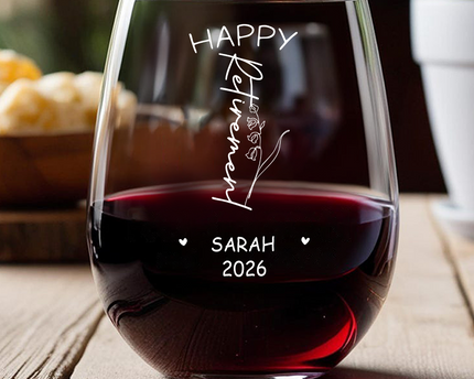 Personalized Name Birth Month Flower Wine Glass - Happy Retirement Gift