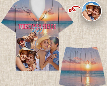 Custom Portrait Photo With Retro Style Short Pajamas Gift For Couple