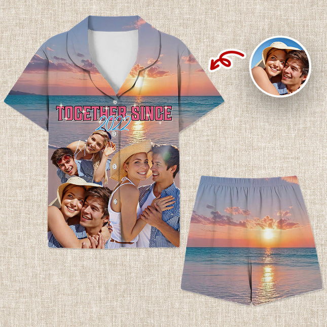 Custom Portrait Photo With Retro Style Short Pajamas Gift For Couple