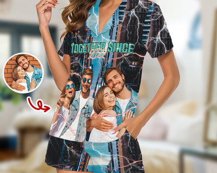 Custom Portrait Photo With Retro Style Short Pajamas Gift For Couple