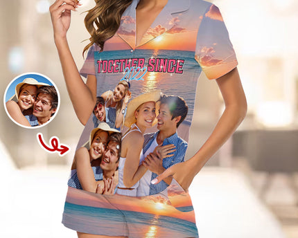 Custom Portrait Photo With Retro Style Short Pajamas Gift For Couple