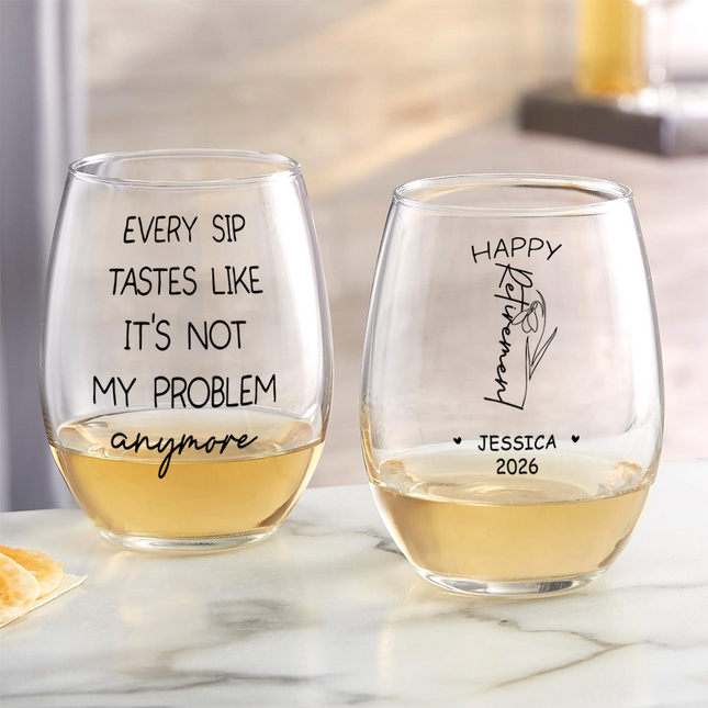 Personalized Name Birth Month Flower Wine Glass - Happy Retirement Gift