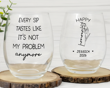 Personalized Name Birth Month Flower Wine Glass - Happy Retirement Gift