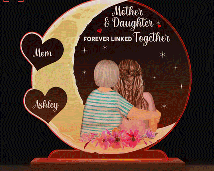 Mother & Daughter Love You To The Moon And Back - Personalized Custom 3D Led Light Wooden Base