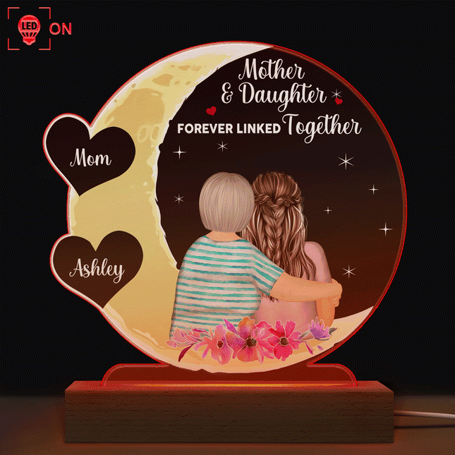 Mother & Daughter Love You To The Moon And Back - Personalized Custom 3D Led Light Wooden Base