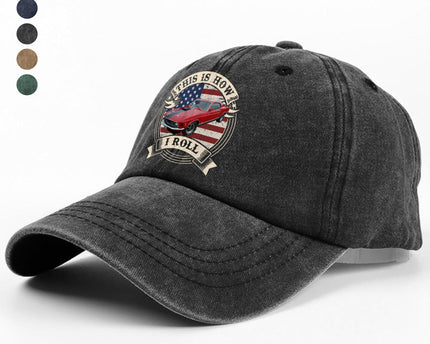 This Is How I Roll - Custom Car Photo Route 66 Vintage Washed Denim Baseball Cap