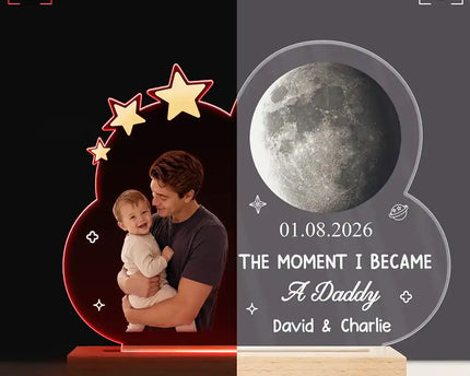 Custom Photo Moon Phase The Moment I Became A Dad - Personalized 3D Led Light Wooden Base