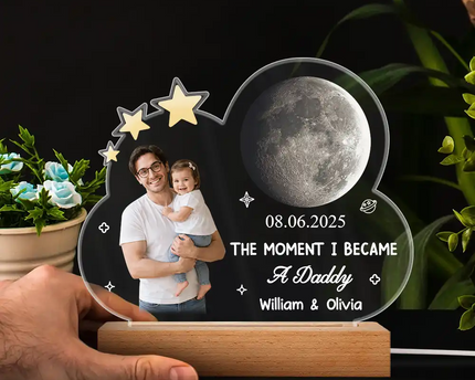 Custom Photo Moon Phase The Moment I Became A Dad - Personalized 3D Led Light Wooden Base