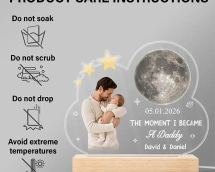 Custom Photo Moon Phase The Moment I Became A Dad - Personalized 3D Led Light Wooden Base