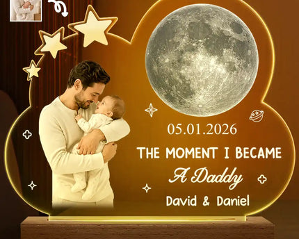 Custom Photo Moon Phase The Moment I Became A Dad - Personalized 3D Led Light Wooden Base