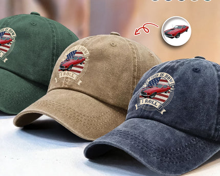This Is How I Roll - Custom Car Photo Route 66 Vintage Washed Denim Baseball Cap