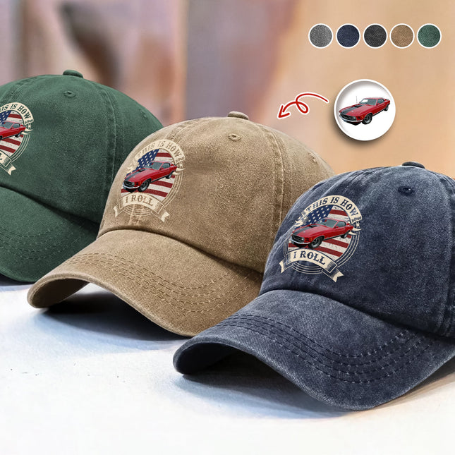 This Is How I Roll - Custom Car Photo Route 66 Vintage Washed Denim Baseball Cap