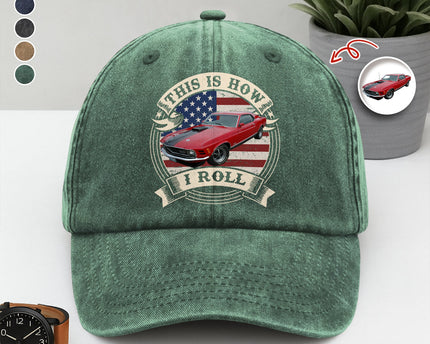 This Is How I Roll - Custom Car Photo Route 66 Vintage Washed Denim Baseball Cap