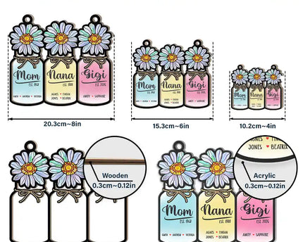 Flower Mason Jar Mom Grandma Great Grandma - Personalized Window Hanging Suncatcher Ornament