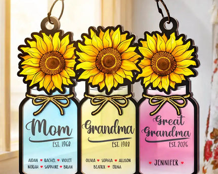 Flower Mason Jar Mom Grandma Great Grandma - Personalized Window Hanging Suncatcher Ornament