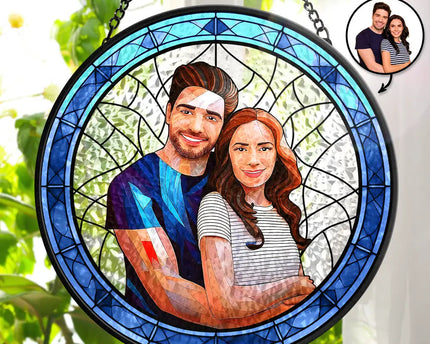 Custom Photo Portrait Couple Family - Personalized Stained Glass Window Hanging Suncatcher