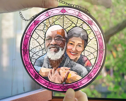 Custom Photo Portrait Couple Family - Personalized Stained Glass Window Hanging Suncatcher