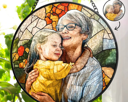 Custom Photo Portrait Mom Grandma Parents Family - Personalized Stained Glass Window Hanging Suncatcher
