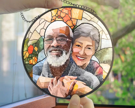 Custom Photo Portrait Mom Grandma Parents Family - Personalized Stained Glass Window Hanging Suncatcher