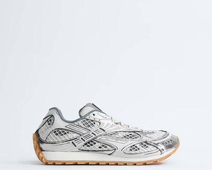 Men’s Bottega Veneta Orbit Flash Suede-Trimmed Silver Sneakers