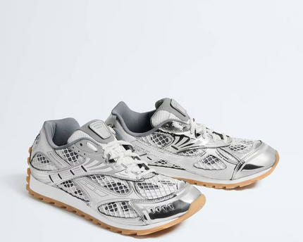 Men’s Bottega Veneta Orbit Flash Suede-Trimmed Silver Sneakers