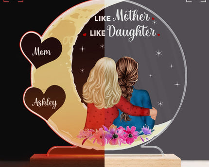 Mother & Daughter Love You To The Moon And Back - Personalized Custom 3D Led Light Wooden Base