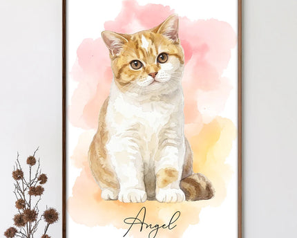 Custom Photo Realistic Watercolor Art Portrait Cat Dog Pet - Personalized Poster
