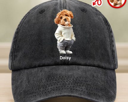 Custom Photo And Name Dog Washed Denim Baseball Cap For Dog Pet Lover