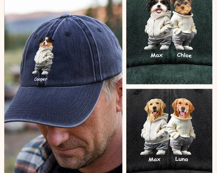 Custom Photo And Name Dog Washed Denim Baseball Cap For Dog Pet Lover