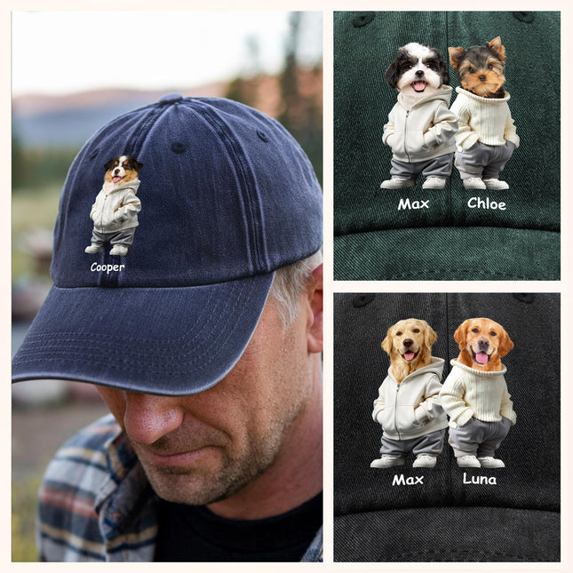 Custom Photo And Name Dog Washed Denim Baseball Cap For Dog Pet Lover