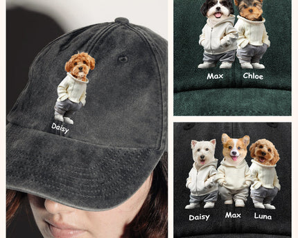 Custom Photo And Name Dog Washed Denim Baseball Cap For Dog Pet Lover