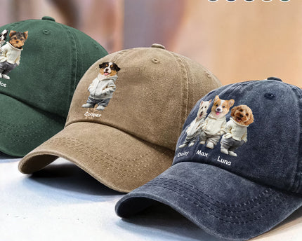 Custom Photo And Name Dog Washed Denim Baseball Cap For Dog Pet Lover