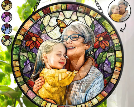 Custom Photo Stained Glass Portrait Mom Grandma Parents Family - Personalized Stained Glass Window Hanging Suncatcher