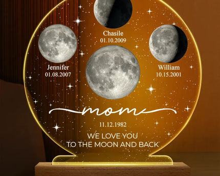 Moon Phase We Love You To The Moon And Back - Personalized 3D Led Light Wooden Base