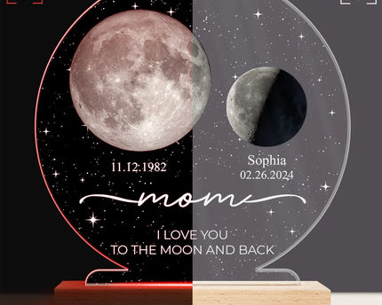 Moon Phase We Love You To The Moon And Back - Personalized 3D Led Light Wooden Base