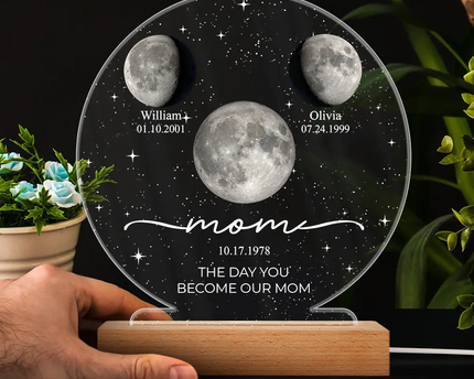 Moon Phase We Love You To The Moon And Back - Personalized 3D Led Light Wooden Base